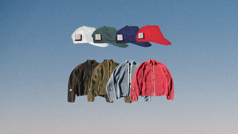 Four caps and four jackets displayed against a blue sky background